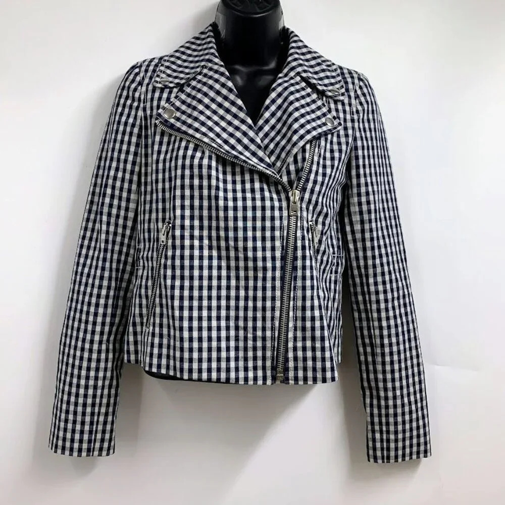 J. Crew Women's Gingham Plaid Linen Blend Motorcycle Jacket Size 00